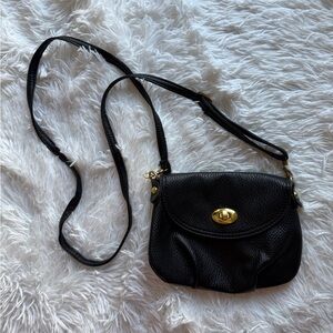 Black Faux Leather Crossbody Bag Gold Turn Lock Small Shoulder Purse